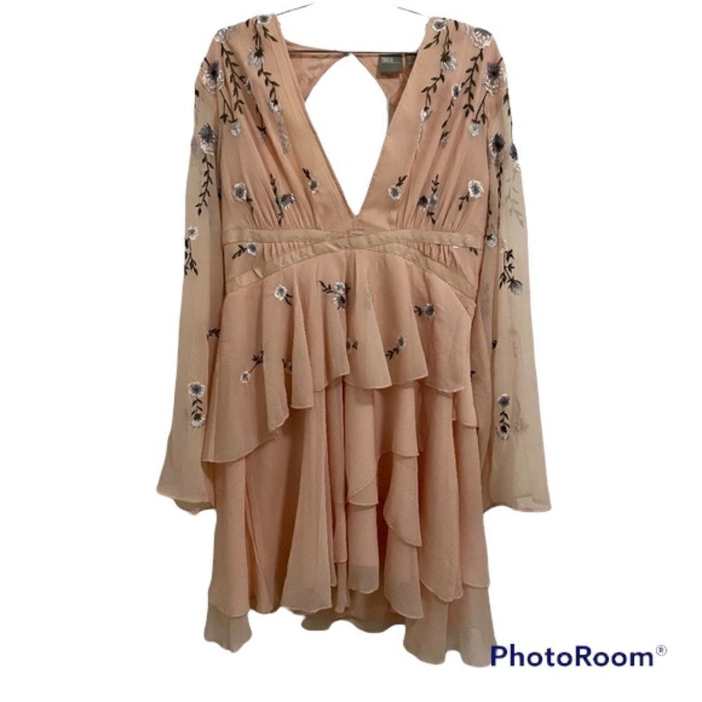 ✨ ASOS DESIGN tiered ruffle mini dress with embroidery and waist detail